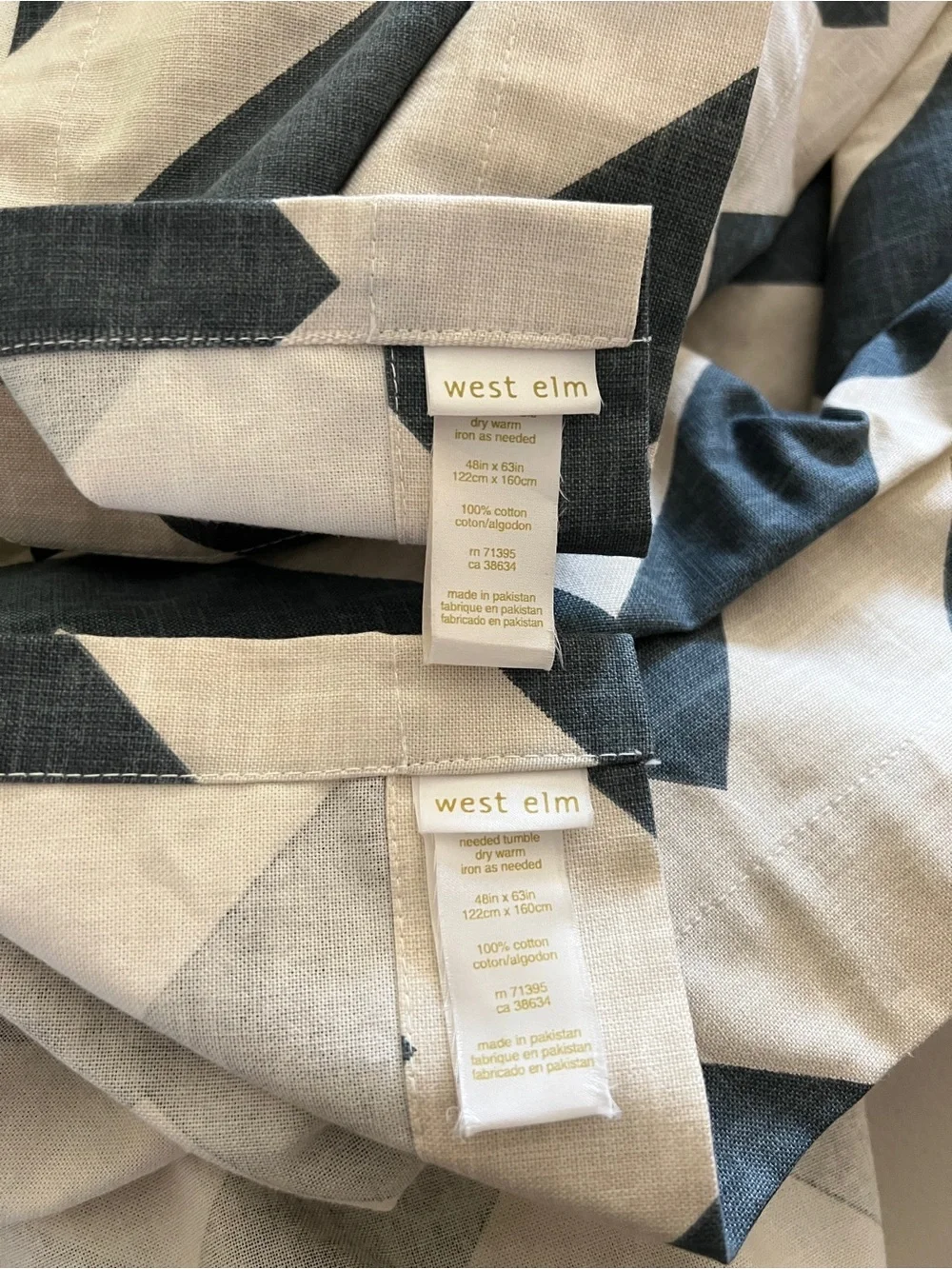 West Elm 2 Panel Curtains Chevron Zigzag Print Blue/Cream Cotton Size 48”X 63”